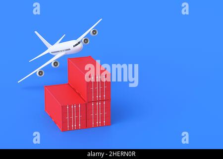 Frachtcontainer und Flugzeug auf blauem Hintergrund. Geschäftskonzept. Beförderung von Schwergut auf dem Luftweg. Schnelle Lieferung. Internationale Logistikcompa Stockfoto