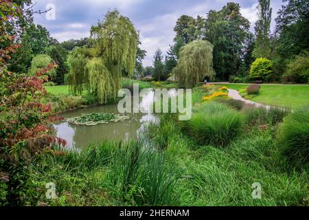 Kleiner Teich im Kurpark, Bad Pyrmont, Weserbergland, Niedersachsen, Deutschland Stockfoto