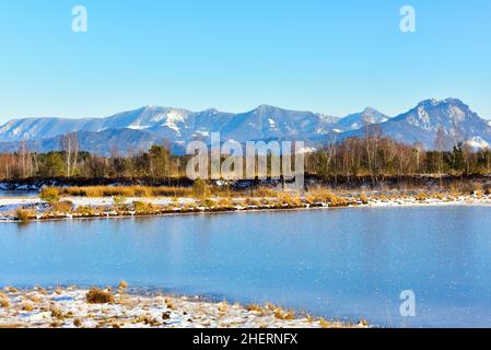 Gefrorener Moorteich mit Raureif, Chiemgauer Alpen im Hintergrund, Grundbeckenmoor bei Rosenheim, Bayern, Deutschland Stockfoto