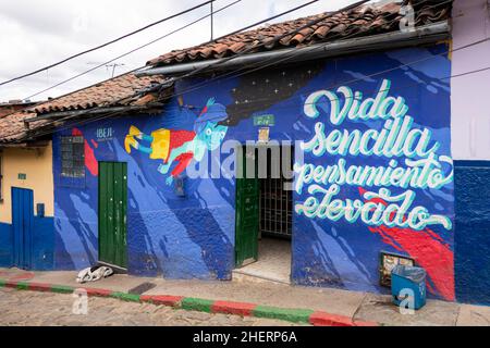 Street Wall Art von ehemaligen Bandenmitgliedern im einst berüchtigten Barrio Egipto, Bogota, Kolumbien. Organisierte Wandertouren sind möglich. Stockfoto