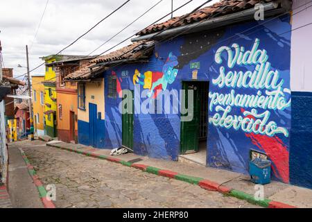 Street Wall Art von ehemaligen Bandenmitgliedern im einst berüchtigten Barrio Egipto, Bogota, Kolumbien. Organisierte Wandertouren sind möglich. Stockfoto