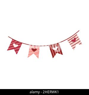 Festliches Band mit Fahnen zum Valentinstag. Herzen auf jedem Kontrollkästchen. Rosa und rote Farben. Vektor isolierte Illustration von Hand gezeichnet Stock Vektor