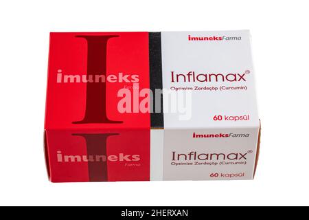 Istanbul, Türkei - 12. Dezember 2022; Inflamax-Curcumin-Tablette von Imuneks. Vitamintabletten, die Kurkumin, Kurkuma und Kurkuma enthalten. Die Box wurde in Th verkauft Stockfoto