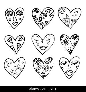 Set von Doodle Herzen mit Gesicht Früchte Landskapes Muster innerhalb Tinte Hand gezeichnet Skizze Vektor Illustration für Karten Urlaub Liebe valentine Design. Stock Vektor