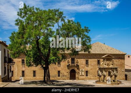 Universität mit Brunnen Fuente de Santa Maria, Baeza, Baeza, Andalusien, Spanien Stockfoto