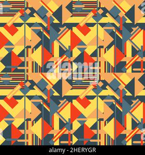 Abstrakter geometrischer Modedruck. Nahtloses Vektormuster. Geometrische Textur für Packpapiere, Textilschablone. Rote, orange und gelbe Farben. Stock Vektor