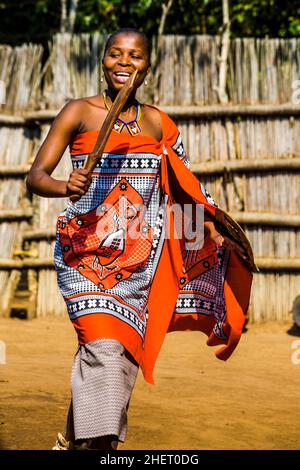 Einblicke in das Leben der Swazis, Swazi Cultural Village, Wildlife Sanctuary, Swasiland, Eswatini, Südafrika, Milwane Stockfoto