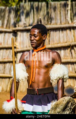 Einblicke in das Leben der Swazis, Swazi Cultural Village, Wildlife Sanctuary, Swasiland, Eswatini, Südafrika, Milwane Stockfoto