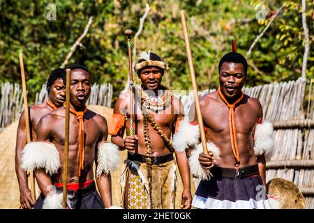 Einblicke in das Leben der Swazis, Swazi Cultural Village, Wildlife Sanctuary, Swasiland, Eswatini, Südafrika, Milwane Stockfoto