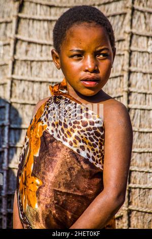 Kinder beobachten mit Interesse die traditionellen Bräuche in einem echten afrikanischen Dorf, Umphakatsi Chief Stockfoto