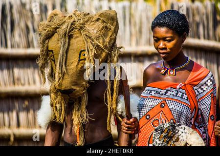 Einblicke in das Leben der Swazis, Swazi Cultural Village, Wildlife Sanctuary, Swasiland, Eswatini, Südafrika, Milwane Stockfoto