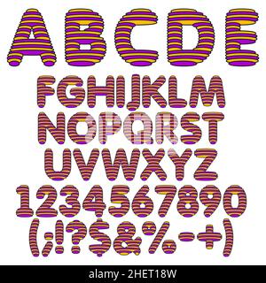Gelbes und lilafarbenes Alphabet, Buchstaben, Zahlen und Zeichen aus runden Schichten. Satz von Farbvektoren, die Objekte auf weißem Hintergrund isoliert haben. Stock Vektor