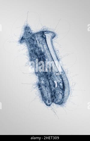 Handgezeichnetes Konzert-Saxophon auf weißem Hintergrund Stockfoto