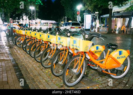 Vilnius Litauen. Reihe Von Fahrrädern Aviva Zu Vermieten Auf Beleuchteten Fahrradparkplatz Auf Wet Pilies Street, Nacht Stockfoto