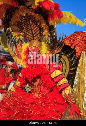Frau in schönen leuchtend roten, gefiederten historischen Phoenix Kostümkostüm, Karneval in Venedig, Carnevale di Venezia, Italien Stockfoto