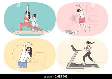 Sport am Arbeitsplatz und Fitnesskonzept. Set von jungen Frauen machen Übungen Stretching Joggen und üben Yoga-Workouts im Büro zu Hause und im Fitnessstudio Vektor-Illustration Stock Vektor