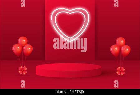 Alles Gute zum Valentinstag. Realistisches rotes 3D-Podium, rundes Studio, Ballons. Verkaufsbanner. Vektor Stock Vektor