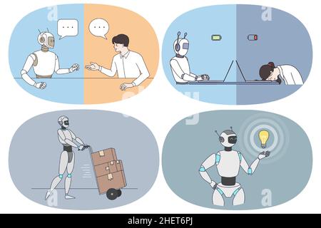 Geschäft mit künstlicher Intelligenz Konzept. Set von Robotern arbeiten als Menschen warten auf Interview mit Menschen arbeiten im Büro voller Energie halten Glühbirne mit großer Idee Stock Vektor