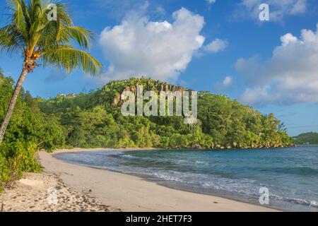 Menschenleerer, unberührter Strand mit Palmen Anse Louis West Coast Mahe Seychellen Stockfoto