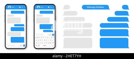 Realistisches Smartphone mit Messaging-App. Leerer SMS-Textrahmen. Chat-Bildschirm mit blauen Nachrichtenblasen. Social-Media-Anwendung. Vektor Stock Vektor