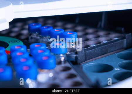 Nahaufnahme von Fläschchen mit blauen Kappen im Rack der automatischen Probe für die LC-MS-Analyse. Forschungsexperiment mit Impfstoff. Klinische Analyse zur Erkennung von Krankheiten. Stockfoto