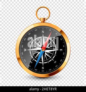 Realistischer goldener Vintage-Kompass mit mariner Windrose und Himmelsrichtungen von Nord, Ost, Süd, West. Kompass aus glänzendem Metall Stock Vektor