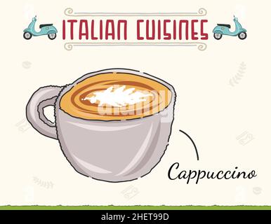 Cappuccino, Kaffeegetränk. Kaffeetasse im Stil der fortlaufenden Linienkunst. vektor-Umriss, handgezeichnet für Kaffee und Bäckerei für Café-Menü. Stock Vektor