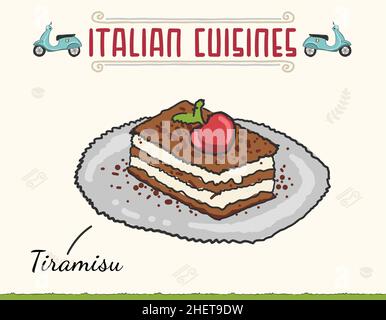 Tiramisu Kuchen Italienisches Dessert. Vektorgrafik. Italienische Tiramisu-Kuchen mit Kirsche, Schlagsahne und Mascarpone-Käse geschichtet Vektorgrafik Stock Vektor