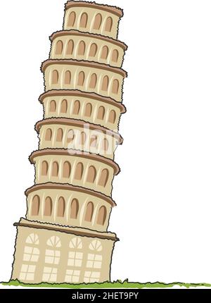 Pisa Tower Doodle Stil Vektor-Illustration isoliert kleine Landschaft mit schiefen Turm von Pisa, grüne Wiese. Berühmtes Wahrzeichen Italiens. Flache Vektordarstellung Stock Vektor