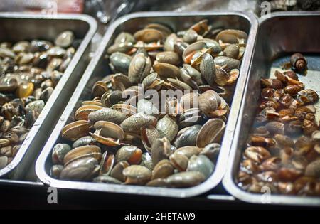 Frische Muscheln in ländlichen Meeresfrüchtemarkt von Thailand. Nahaufnahme Stockfoto