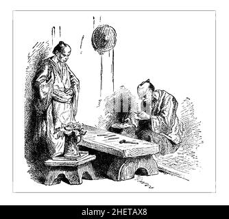 Japanischer künstlicher Blumenmacher, Linienilllustration aus Zentralafrika, Japan und Fidschi, veröffentlicht 1882 bei Hodder & Stoughton, London Stockfoto