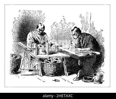 Japanese Making Calling Cards, Line Illlustration from Central Africa, Japan and Fiji, veröffentlicht 1882 von Hodder & Stoughton, London Stockfoto