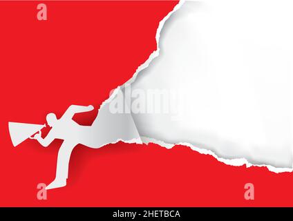Laufender Mann mit Megaphon, das rotes Papier zerreißt. Illustration einer zerrissenen männlichen Papiersilhouette. Vorlage für Banner, Ort für Ihren Text oder Bild. Stock Vektor