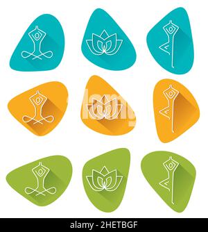 Flache Yoga-Symbole mit langem Schatten. Yoga Line Art Icons Set. Moderne Symbole für Infografiken oder Webnutzung. Vektor verfügbar. Stock Vektor