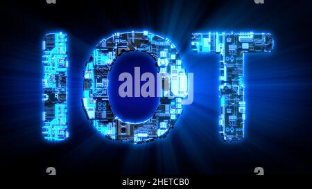 IOT Shining blue digital Cyber Text, isoliert - Industrial 3D Illustration Stockfoto