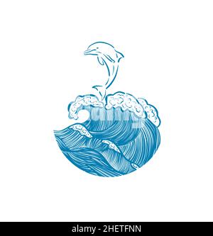 Logo Meereswelle mit Delphin . Vektorgrafik Stock Vektor