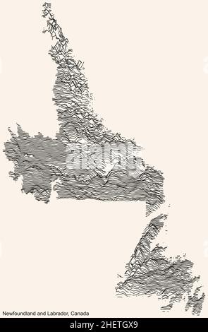 Topographische Reliefkarte des kanadischen Territoriums von NEUFUNDLAND UND LABRADOR, KANADA mit schwarzen Konturlinien auf beigem Hintergrund Stock Vektor