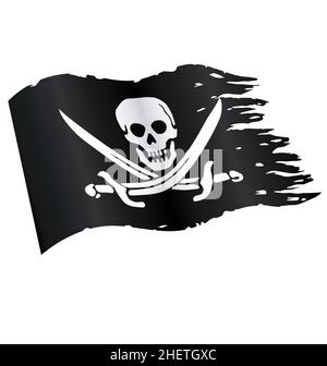 Klassischer fröhlicher roger Piratenschädel und gekreuzte Schwerter Flagge schwarz-weiß Vektor fliegend winkend fliessend zerfetzt zerrissen isoliert auf weißem Hintergrund Stock Vektor