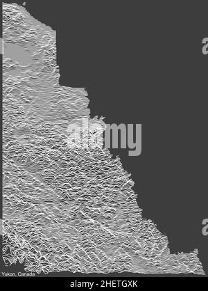 Topographische negative Reliefkarte des kanadischen Territoriums YUKON, KANADA mit weißen Konturlinien auf dunkelgrauem Hintergrund Stock Vektor