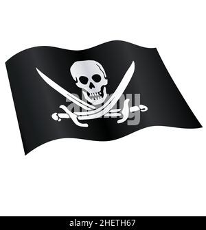 Klassischer fröhlicher roger Piratenschädel und gekreuzte Schwerter Flagge schwarz und weiß Vektor fliegend winken fließenden isoliert auf weißem Hintergrund Stock Vektor