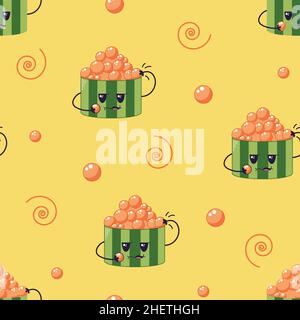 Nahtloses Muster mit japanischen Sushi-Gunkan-Gerichten, Cartoon-Gunkan-Figur mit Kaviar in flachem Stil, nahtloses Textilmuster. Stock Vektor