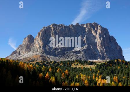 Blick auf den Sellajoch und die Langkofel, Plattkofel, Sassopiatto, Langkofel, Südtirol, Dolomiten Berge, Italien Stockfoto