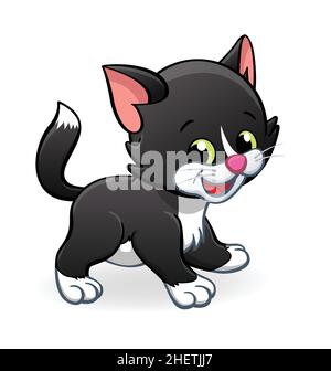 Niedliche lächelnde Cartoon schwarz und weiß Kätzchen Katze Charakter stehend Vektor auf weißem Hintergrund isoliert Stock Vektor