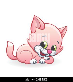 Niedliche lächelnde rosa Cartoon Kätzchen Katze Charakter liegen Vektor isoliert auf weißem Hintergrund Stock Vektor