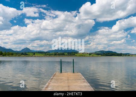 Holzsteg in den hopfensee in bayern am sonnigen blauen Sommertag Stockfoto