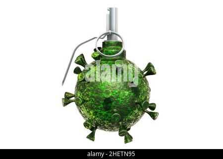 Virus als Handgranate. Biohazard Military Concept, 3D, isoliert auf weißem Hintergrund Stockfoto
