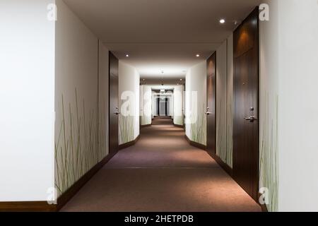 Langer Hotelkorridor mit Türen und Tapete mit grünem Gras Stockfoto