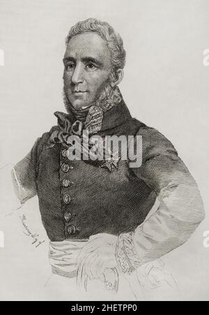 Francisco Espoz y Mina (1781-1836). Spanisches Militär. Anführer der Guerilla Navarras während des spanischen Unabhängigkeitskrieges (1808-1814). Er kämpfte im ersten Carlistenkrieg (1833-1840) gegen die Isabeline-Armee und war der Hauptverantwortliche für den Kampf im Norden Spaniens gegen die Carlisten. Hochformat. Gravur von Martínez. Panorama Español, Crónica Contemporánea. Band III Madrid, 1845. Stockfoto