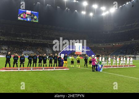 Mailand, Italien. 12th Januar 2022. Inter- und Juventus-Spieler beim italienischen Supercup-Finale zwischen dem FC Internazionale und dem FC Juventus im Stadion San Siro in Mailand (Italien) am 12th. Januar 2022. Foto Andrea Staccioli/Insidefoto Kredit: Insidefoto srl/Alamy Live News Stockfoto