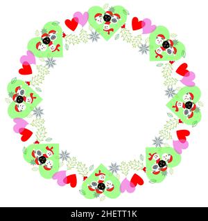 Kranz von Katzen, Schneemann und Stechpalmen mit weißem Hintergrund, Vektorgrafik Stockfoto